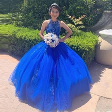 Гламурное бальное платье Королевского синего цвета Бальные платья с круглым вырезом, расшитое бисером и блестками, Тюлевое милое платье с 15 жемчужинами, платья для дня рождения