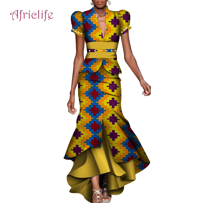 Двойка комплект AfricanWomen костюм с буфами на рукавах кроп топы грушей и длинная