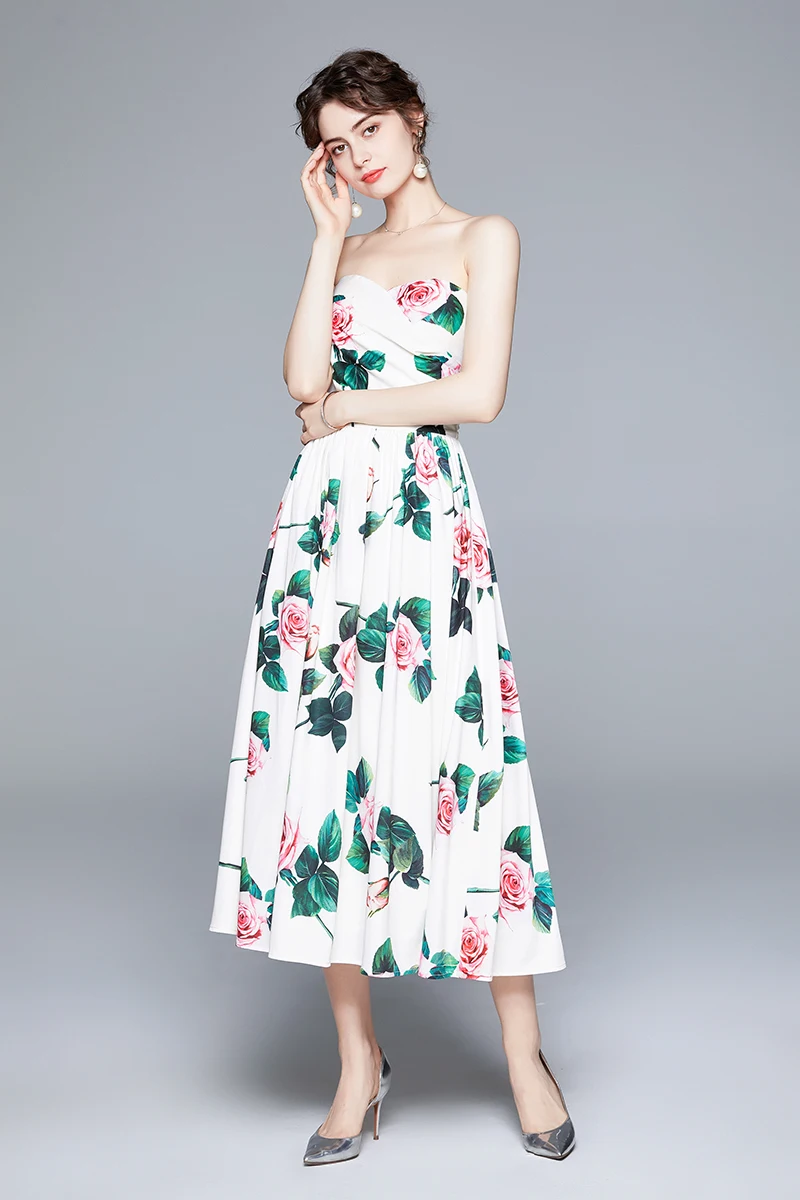 Elegant Strapless Floral Printed Midi Dress in Dresses