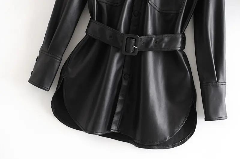 Pu Leather Coat Women Winter Single Breasted Long Sleeve Solid Female Coat With Belt Vintage Pockets Buttons Outwear Ladies Tops