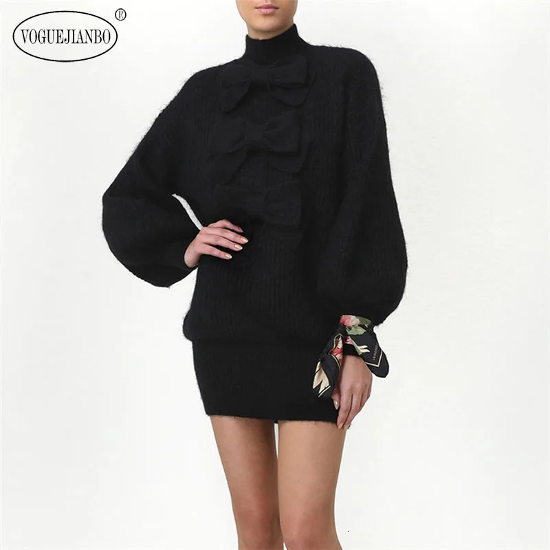 

2019new fashion sweater black temperament bow decoration set of step Knit dress round neck pullover sweater vestidos sexy dress