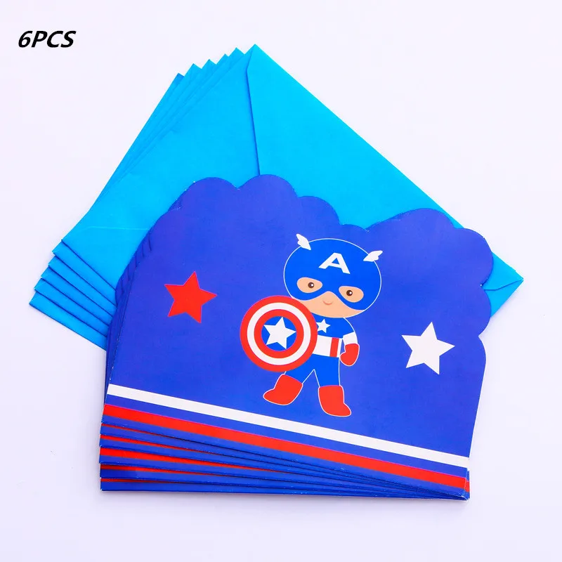 Marvel Капитан Америка тема Мстители одноразовая посуда бумажная чашка пластины маска Мальчики пользу день рождения изделия для декорации - Цвет: 6pc invitation card