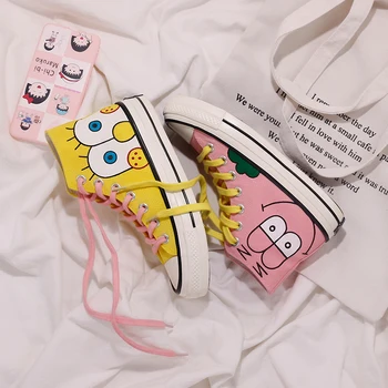 

New exclusive hand-painted custom high-top shoes trend cartoon sponge baby casual flat shoes large size custom 35-44
