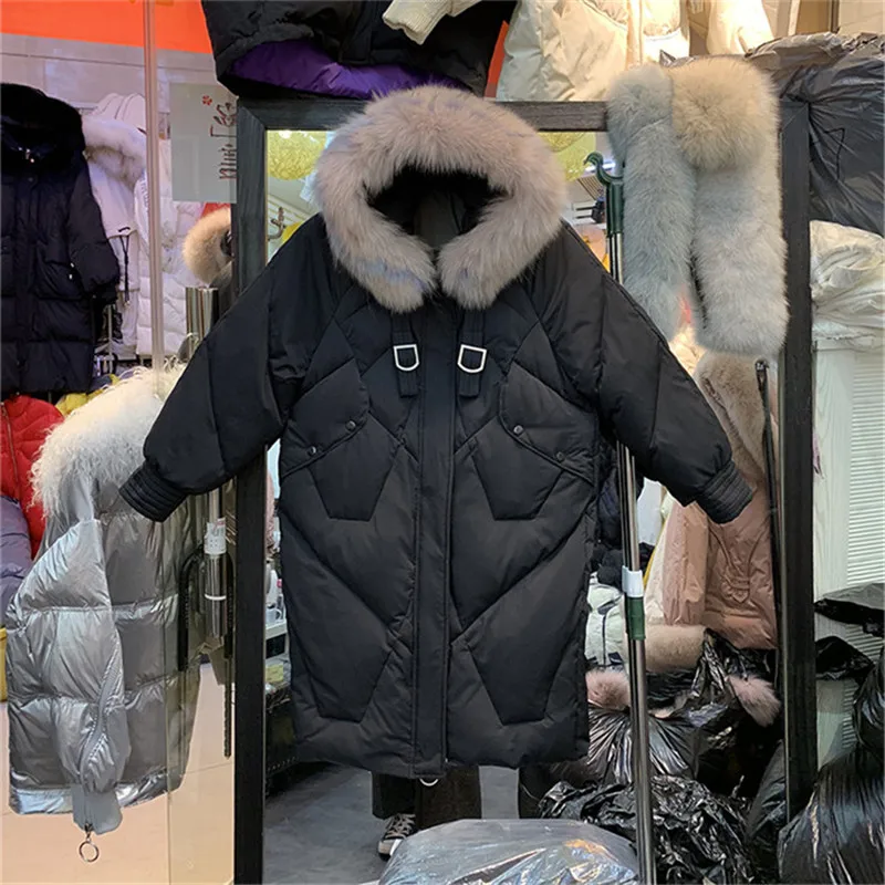 Зимняя женская куртка, парка с капюшоном из лисьего меха, длинные пальто, 90% белый пуховик на утином пуху, Женская куртка