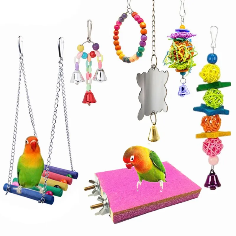 

7Pcs/Set Parrot Assorted Toy Set Hanging Mirror Frosted Stand Platform Swing Toys Cage Accessories