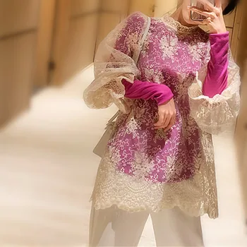 

2 Pcs Lolita Style Casual Women Blouses Embroidery Lace BLouse Floral Tees Shirt Long Lantern Sleeve Ladies Blouses Tops NS800