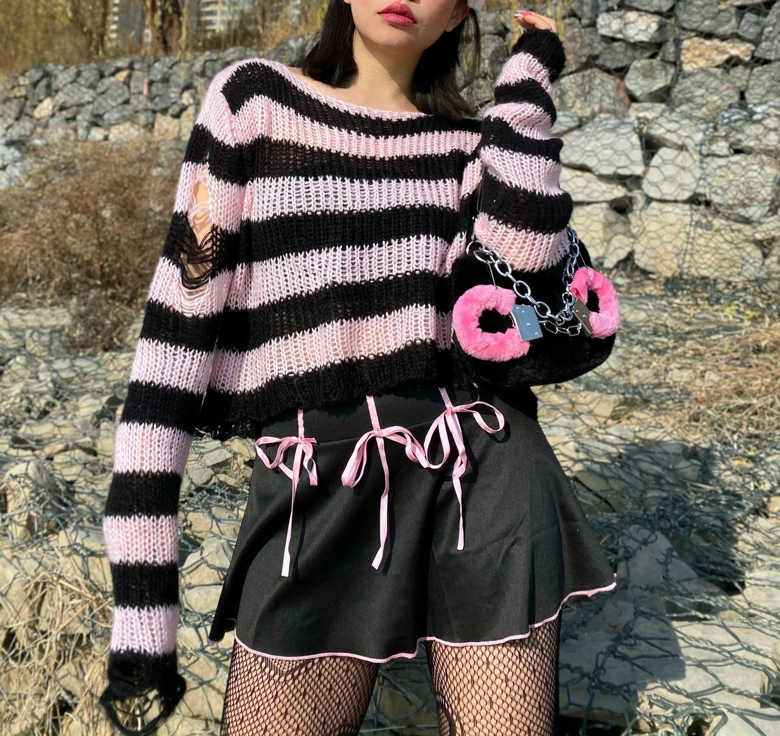 Punk Gothic Short Sweater 2021 Summer Women Sexy Striped Cool Hole Broken Jumper Loose Alt Emo Dark Streetwear Y2k Top Unisex
