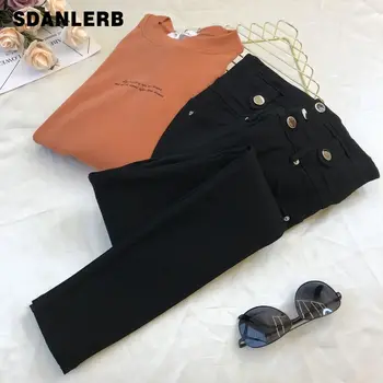 

Stretch Black Pants Women 2020 Spring New Ins Personality Three Button Casual High-Waist Stretch Slim-Fit Black Pants Trousers