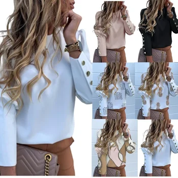 

Women Long Sleeve Round Neck Metal Button Tops Casual Fashion Printing Outwear Clothes Comfortable Pullover