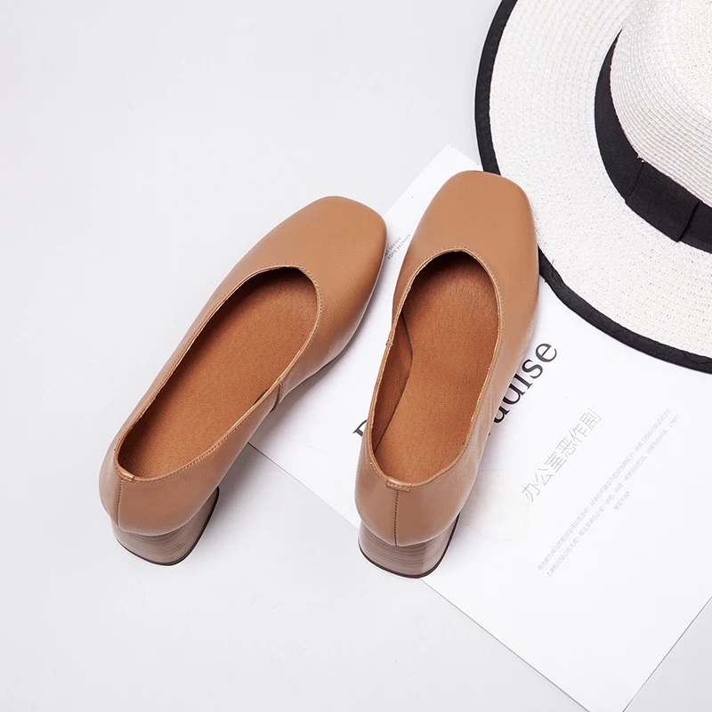 Mid Heels Women Genuine Cow Leather New Spring Autumn Elegant Ladies Heel Shoes C185 Woman Brown Black Square Toe Casual Pumps