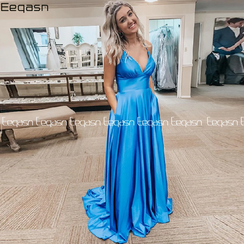 Eeqasn 2020 Blue V Neck Long Prom Dresses with Pockets Back Open Satin Graduation Gala Party Dress for Wedding Cheap
