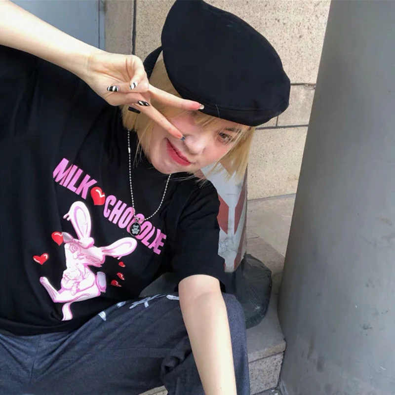 harajuku vintage aesthetic gothic graphic punk clothes E-girl Y2K shirt Women's t-shirts korean style Black Oversize Hip Hop Top