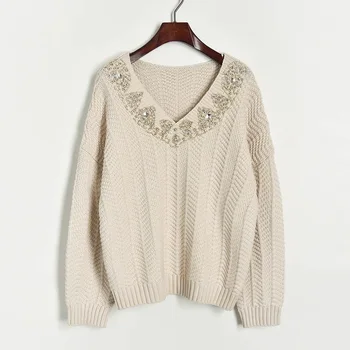 

Winter Net Red New Loose Lazy Fan V-neck Nail Drill Beaded Knitted Sweater Women's Pullover