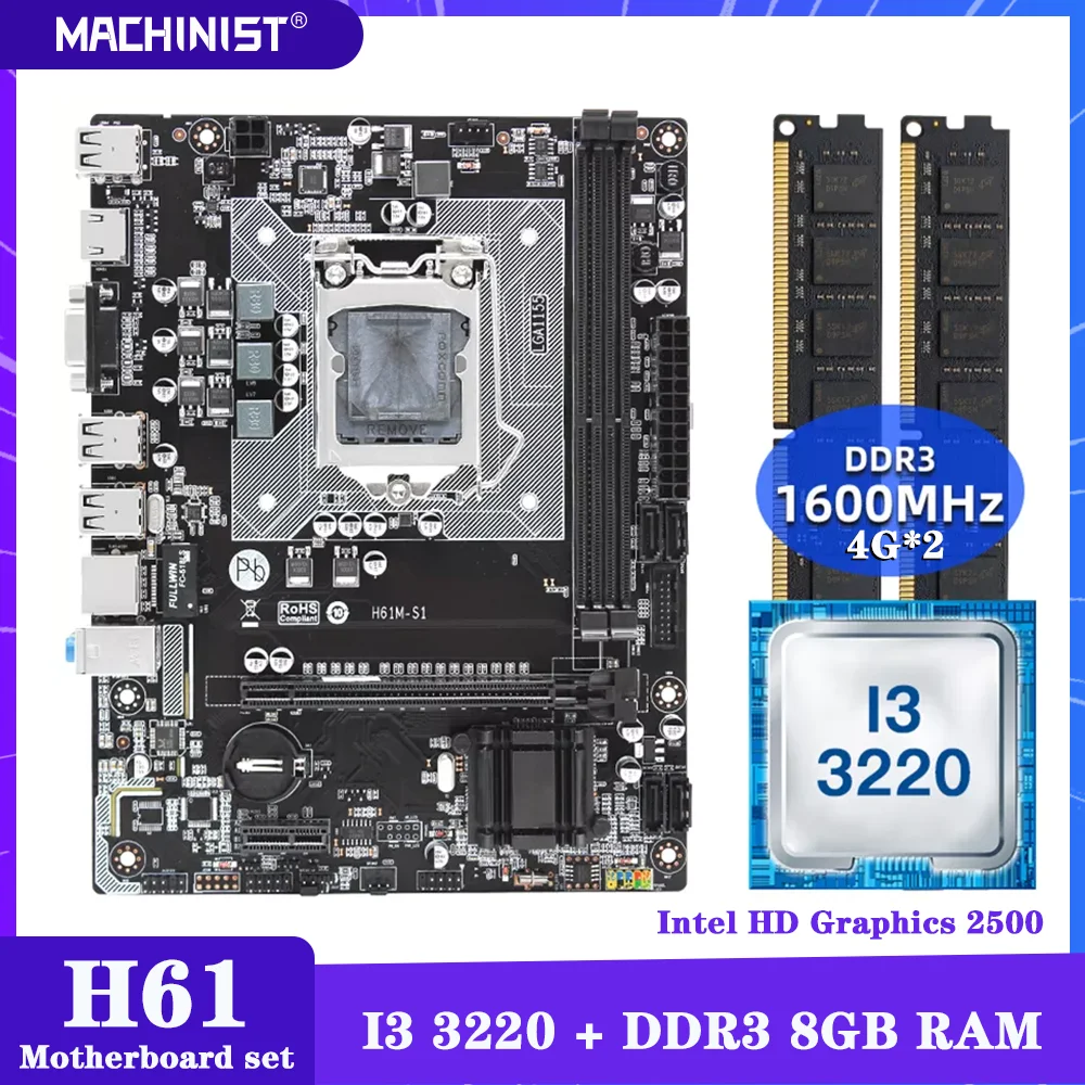 MACHINIST H61 Motherboard LGA1155 Set Kit With Intel I3 3220 Processor DDR3 8GB(2*4GB) RAM Memory Mico-ATX Integrated Graphics