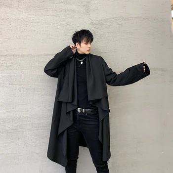 

Men Punk Gothic Black Irregular Long Kimono Cardigan Japan Streetwear Trench Jacket Male Loose Hip Hop Windbreaker Stage Coat