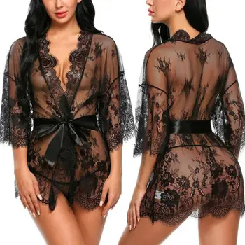 

Sexy Women Lingerie Lace Night Dress Sleepwear Nightgown Bandage Deep V G-String See Through Sexy Sheer Sleep Dress 2019 Silky