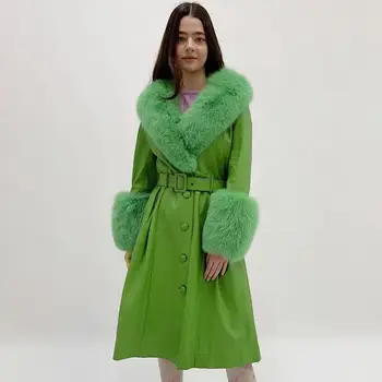 

Long Green Leather Coats Big Fur Collar Pu Long Overcoat Women Faux Leather Jacket