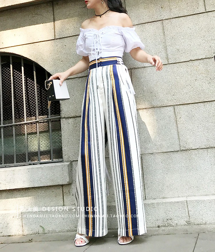 fashion Autumn Chiffon pants women high waist pants stripe wide-leg pants Women stripe straight pants women high waist trousers