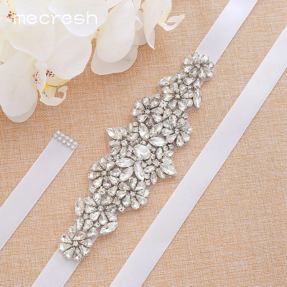 Mecresh Silver Color Crystal Rhinestone Bridal Belt for Wedding Dress Statement Handmade Flower Ribbon Women Belt Sash MYD034