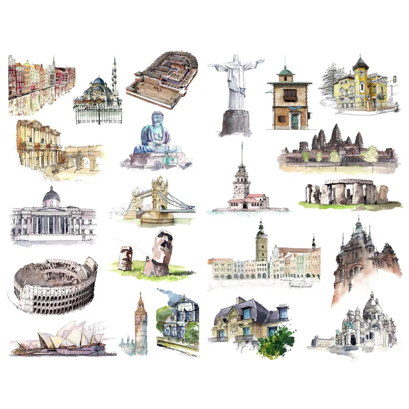 

1 PCS World Building Travel Label DIY Precut Decor Scrapbooking Bullet Journal Stationery Stickers Planner Paper Diary Sticker
