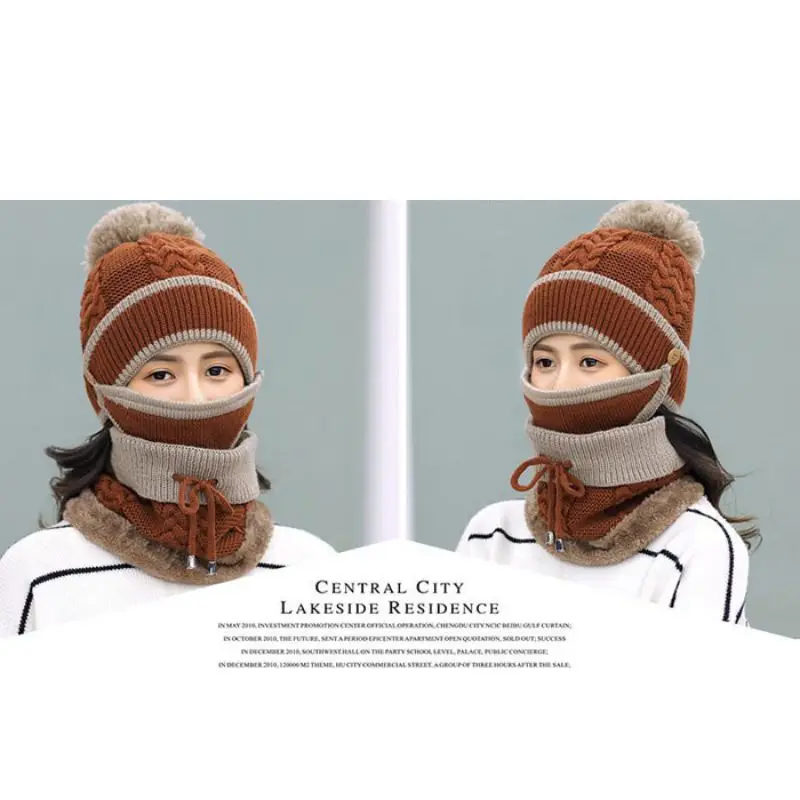 Autumn And Winter Women Hat New Plus Velvet Thickening Bib Mask Ear Protection Warm Knitted Wool Hat Cap Caramel