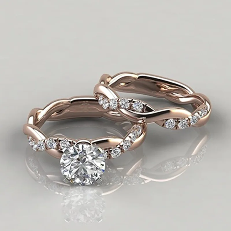 2020 Fashion Trendy Cute Romantic Crystal Rose Gold Ring for Women Zircon Engagement Wedding 2pc/set 2 In 1 Female Rings Jewelry | Украшения
