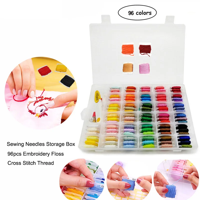 

96 Colors Embroidery Floss Cross Stitch Thread Kit with Threaders Floss Bobbins Sewing Needles Sewing Accessories Storage Box Embroidery Starter Kit