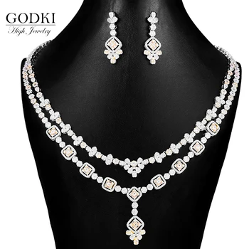 

Luxury Saudi Jewelry Sets For Women Wedding Double Layers Lariat Necklace Earring Sets Full Zircon Dubai Bridal jewelry Set 2020