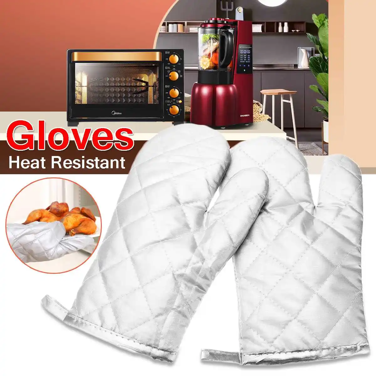 Pair Heat Resistant Baking Gloves Oven Anti-scald Anti-hot Microwave Mitts Kitchen Cooking BBQ Practical Non-slip Safety Cotton