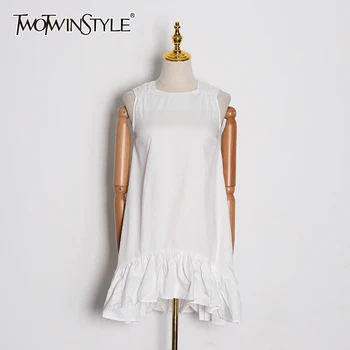 

TWOTWINSTYLE Bowknot White Women's Dress Square Collar Sleeveless Casual Loose A Line Casual Dresses Female 2020 Spring Fashion