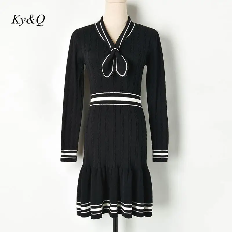 Runway Design Clothes 2020 Autumn Black White Button Elegant Luxury Bow Tie High Waist Ruffled Knitted Midi Dress Women Dress