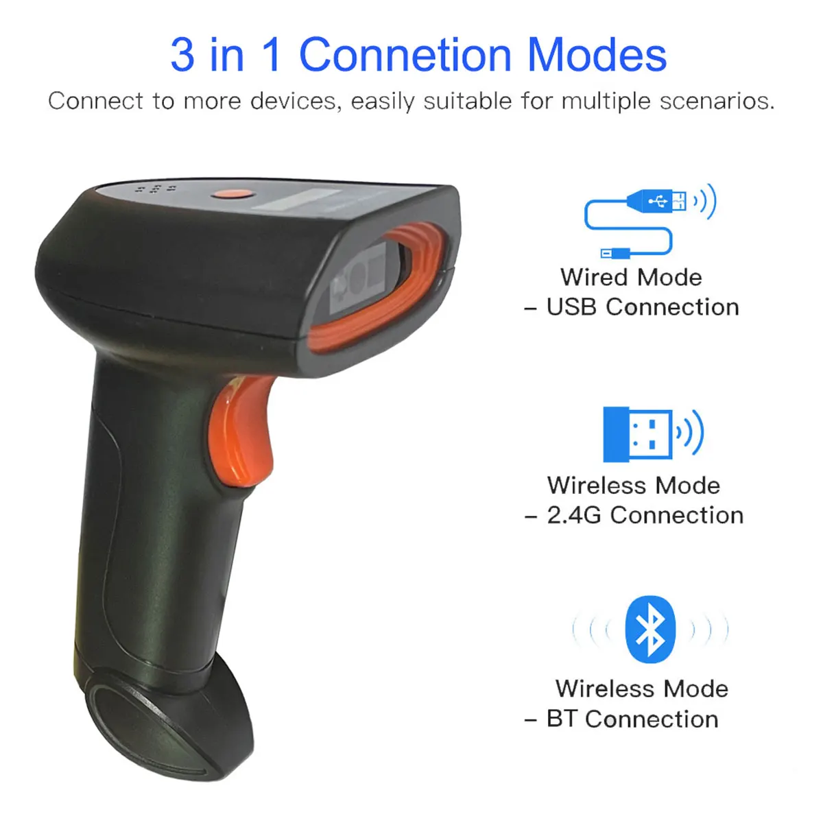 HBAPOS 2D Wireless Barcode Scanner Bluetooth 1D CMOS QR Code Reader Battery Level Indicator Voice Reminder Versatile 3 in 1