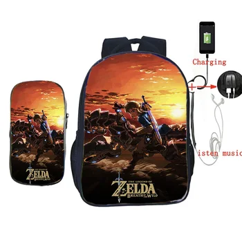 

The Legend of Zelda USB Charge Backpack Laptop School Backpack for Teenager Girls Boys Travel Rucksack with Cooler Bag 2Pcs/Sets