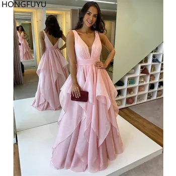

HONGFUYU Elegant Pink Prom Dresses Evening Wear Sheer Deep V-Neck Sleeveless Tulle A-line Formal Party Gowns Vestido Formatura