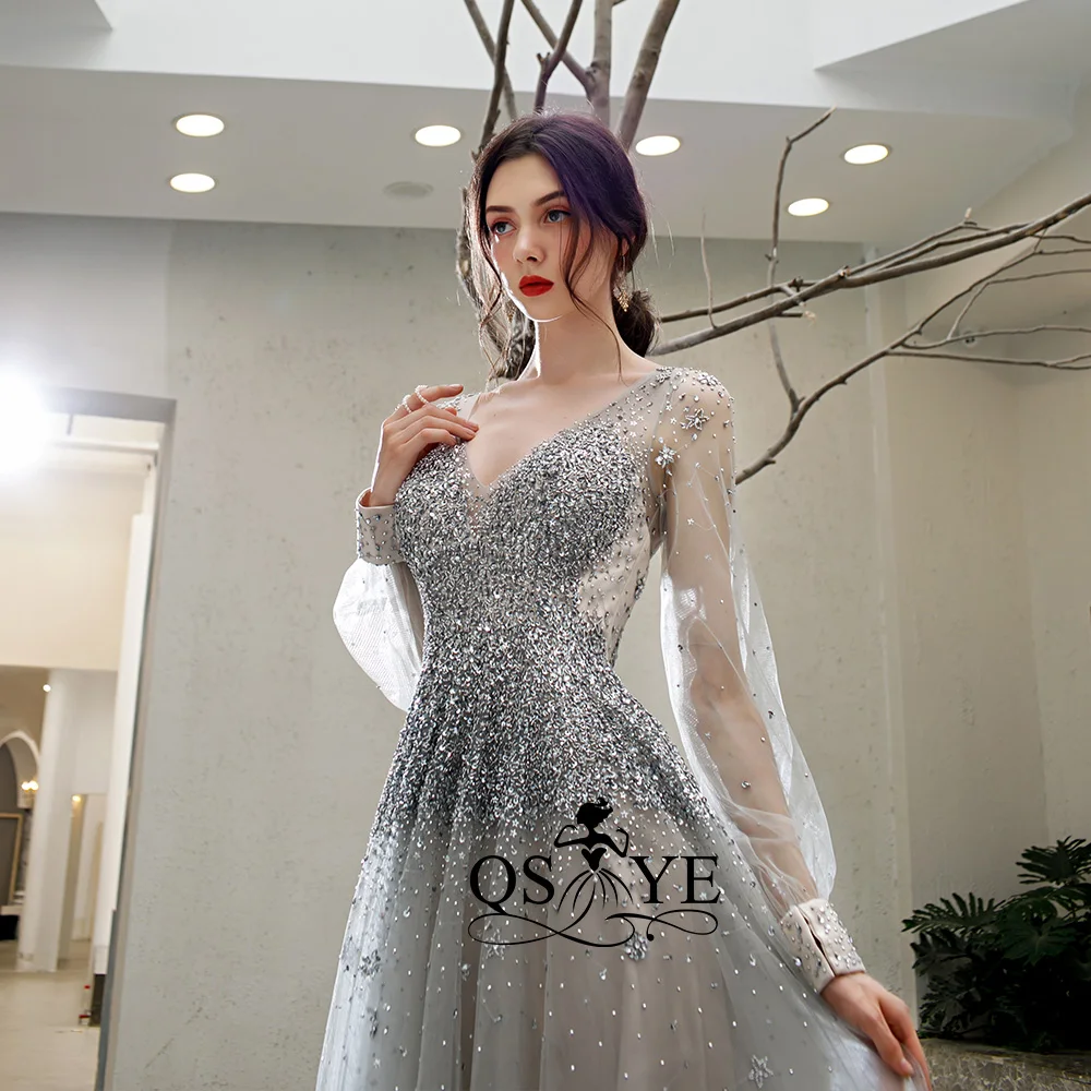 QSYYE 2019 ever pretty Длинные Выпускные платья Тюль v-образным вырезом с длинными рукавами без спинки украшенное бисером с длиной до пола вечернее