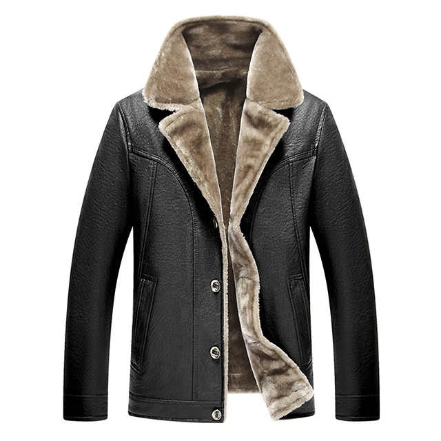 Классическая Кожаная флисовая куртка, зимняя теплая для мужчин, осенняя повседневная мужская Толстая коричневая куртка с меховым воротником, новое Брендовое пальто, парка для мужчин - Цвет: Black