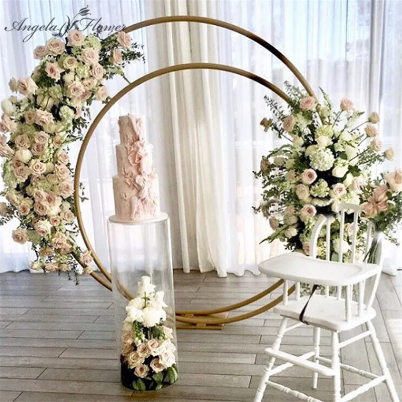Wedding props wrought iron concentric round arches wedding decor double ring arch flower T platform stage backdrop layout 2pcs