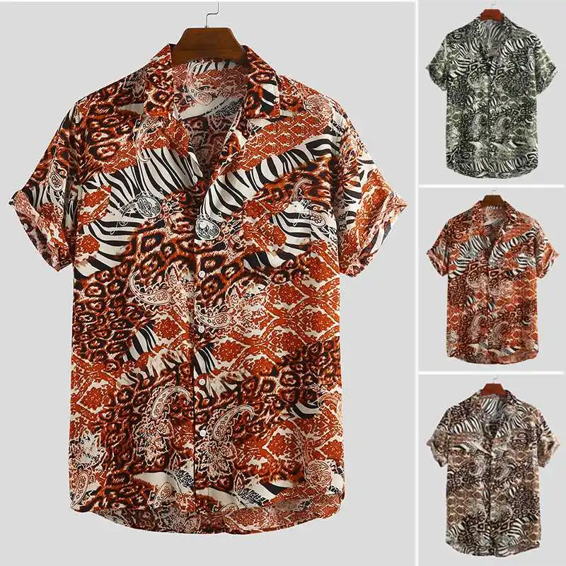 

Summer Fashion Men Shirt Short-sleeved Lapel Neck Printing Ethnic Style Casual Street Clothing Loose Breathable 2020 New Shirt