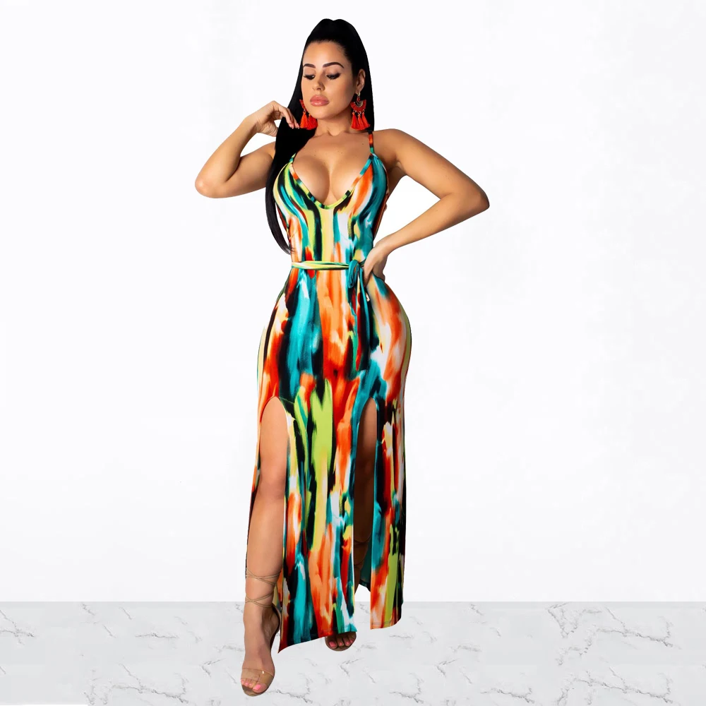 Spaghetti Strap Sexy Maxi Tie Dyed Print Dress With Sash Summer Double Side Slit Irregular Party Women Sleeveless Vestidos | Женская