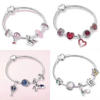 

925 Sterling Silver Fashion Telescope Hot Air Balloon Pendant And Cat's Eye Bead Pan Bracelet For Women Wedding Fashion Jewelry