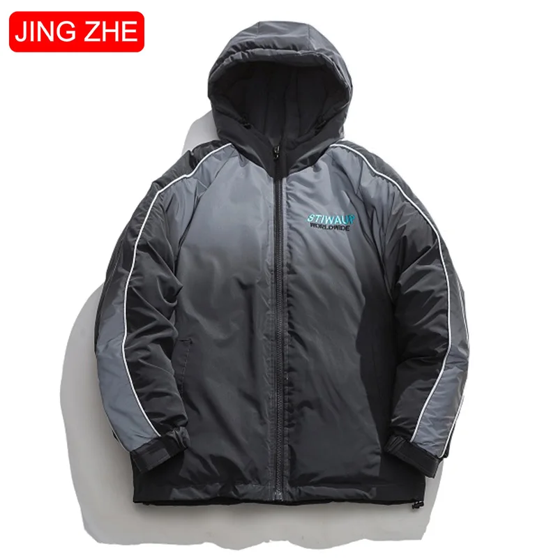 

JING ZHE Winter Men's Jacket Women Hooded Down Jackets Thick Reflective Cotton Coat Padded Outwear Male Fashion Loose Warm Parka