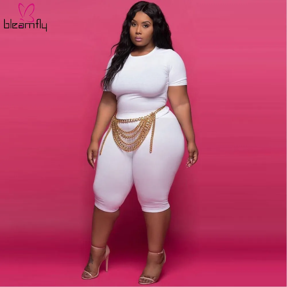 

Plus Size L-4XL Women Summer Two Piece Set O Neck Short Sleeve And Shorts Casual Sweat Suit Femme Bodycon Outfits Matching Suits