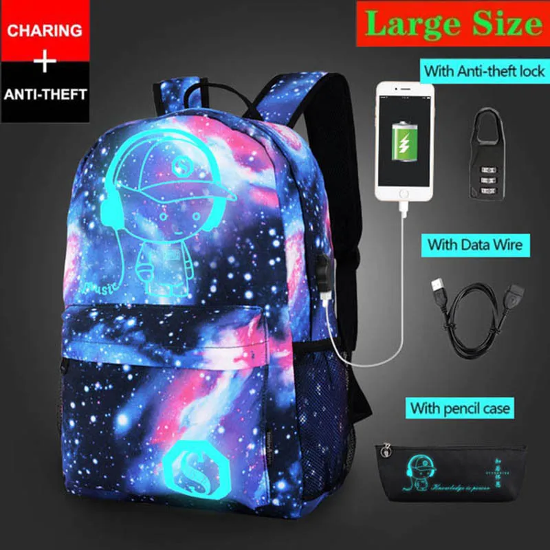 style 8 large size Новая сумка с защитой от воров, светящиеся школьные ранцы для мальчиков и девочек, школьный рюкзак Mochila с usb зарядным портом и замком, школьный рюкзак - Цвет: style 8 large size