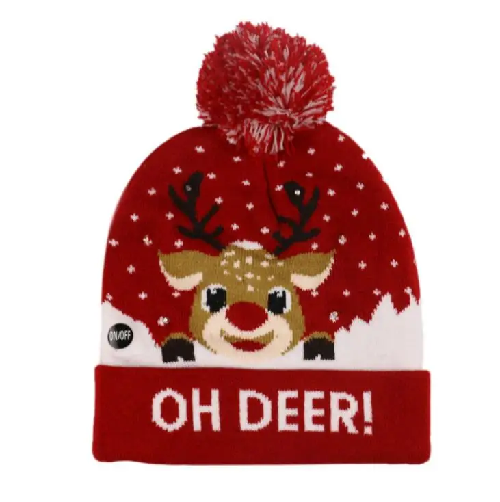 Женские и мужские рождественские шапочки с изображением оленя, черепов, лосей, вышивка, теплый светодиодный, вязанные зимние шапки, шапка с помпоном - Цвет: J