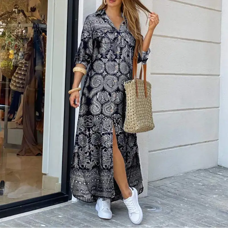 

VONDA Women Dress 2020 Summer Vintage Printed Lapel Neck Party Maxi Dress Casual Long Sleeve Shirt Dresses Bohemian Vestidos 5XL