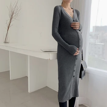 

1901# Autumn Winter Knitted Maternity Nursing Dress Bodycon Slim Elegant Clothes for Pregnant Women Fall Pregnancy Dress