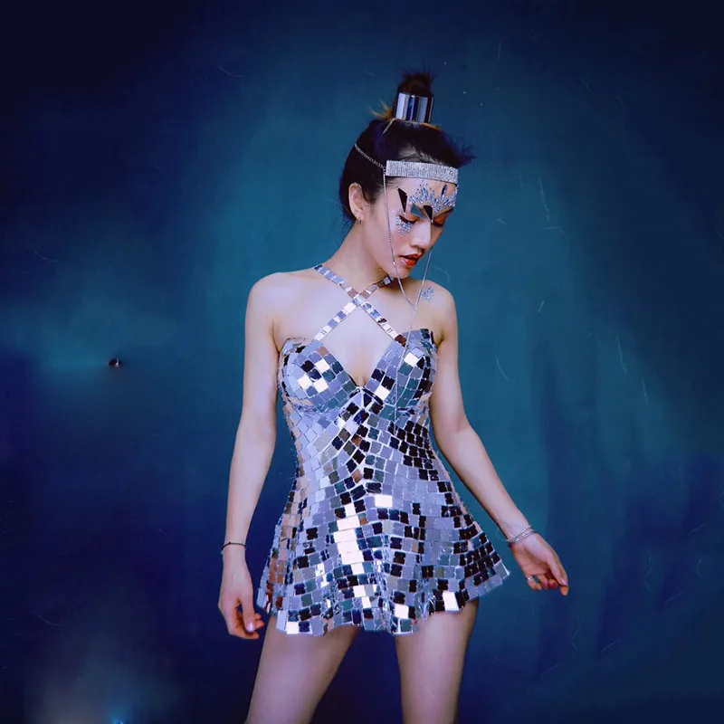 Серебристые линзы боди платье DS костюм певица сценическая одежда линзы DJ одежда для танцевальной вечеринки стрейч комбинезон наряд сексуальная одежда