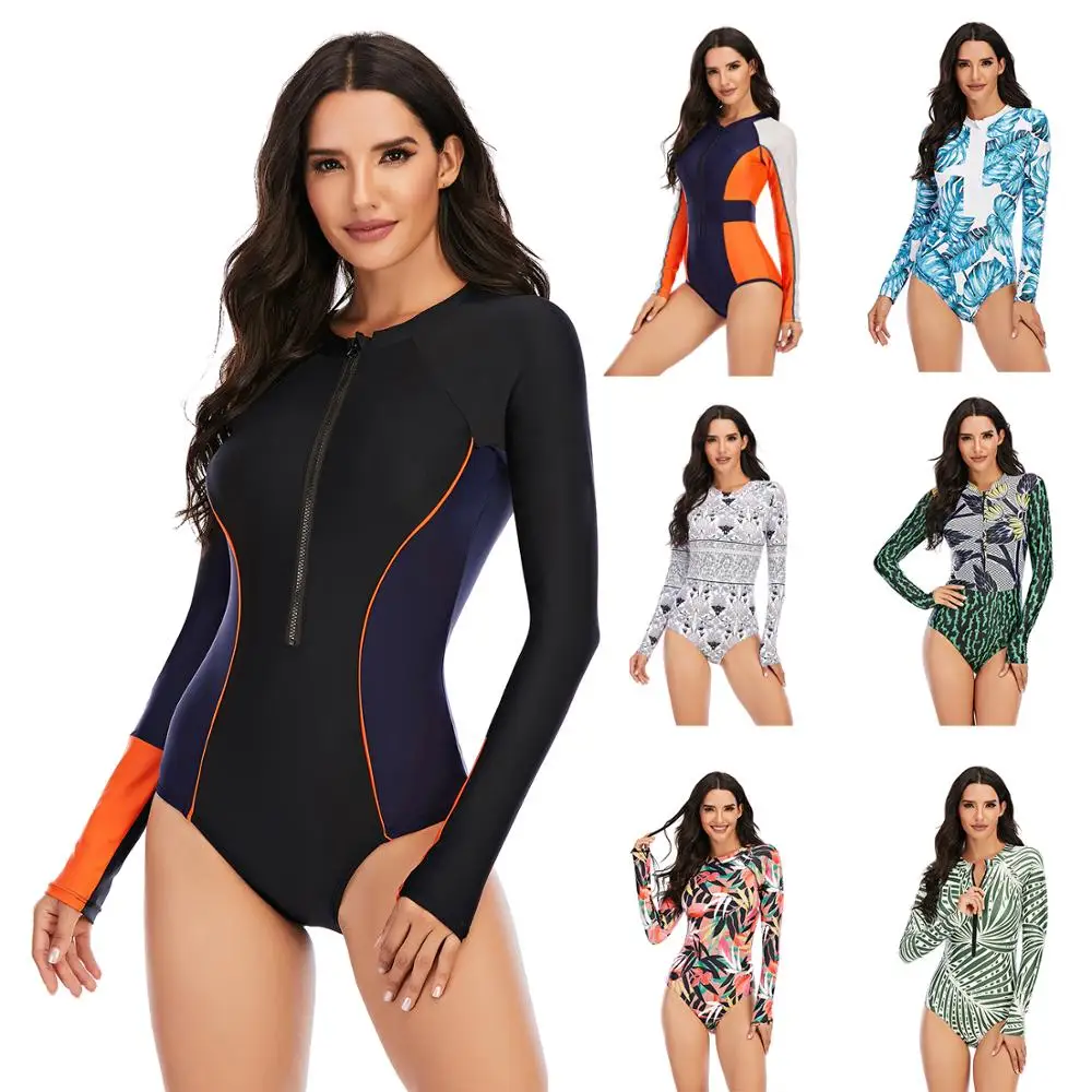 Get This One-Piece Swimsuit Rashguard Surfing Long-Sleeve Diving New Print Women 7WJoR3eajMm