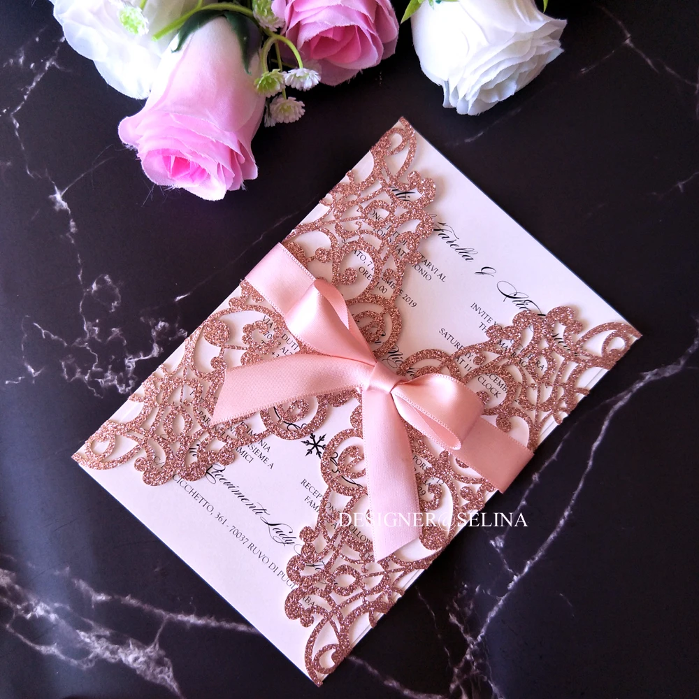

Pink Gold Glittery Laser Cut Wedding Invitations with Ribbon & Envelope DIY Quinceanera Cards Bridal Shower Invites 50pc/lot