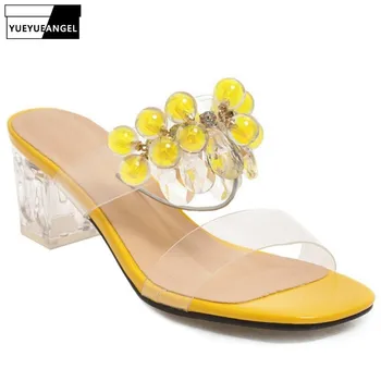 

Fashion Pvc Crystal High Heels Shoes Women Slippers Beading Summer Shoes Transparent Party Dress Shoes Female Plus Size 48